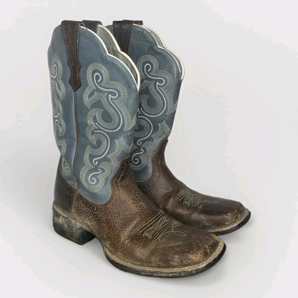 Ariat Cowboy Brown Oiled Sapphire Blue Rowdy QuickDraw Western SZ 8B Square Toe